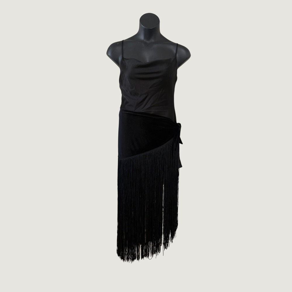Zara Fringe Slip Dress Womens Medium Black New Festive Days Cowl Neck Velvet - Picture 3 of 11